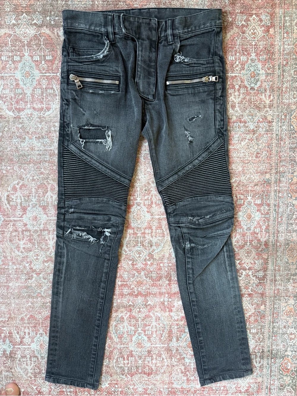 Balmain Black Skinny Distressed Moto Jeans with Zip Details
